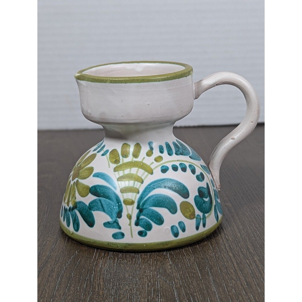 Vintage Pottery Creamer 4” Blue Green Floral Hand Painted Made In Italy